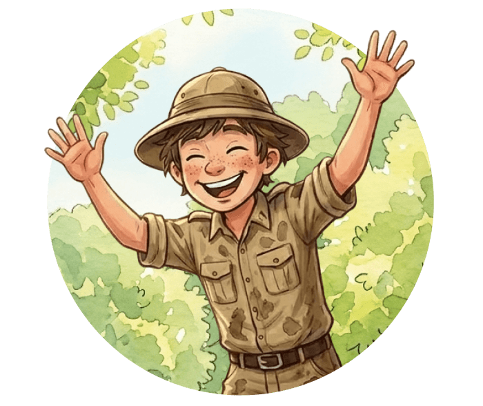 Watercolor illustration of a smiling, freckled boy in a khaki safari outfit and pith helmet, eyes closed in laughter with both arms raised in a cheerful wave, set against leafy green trees.