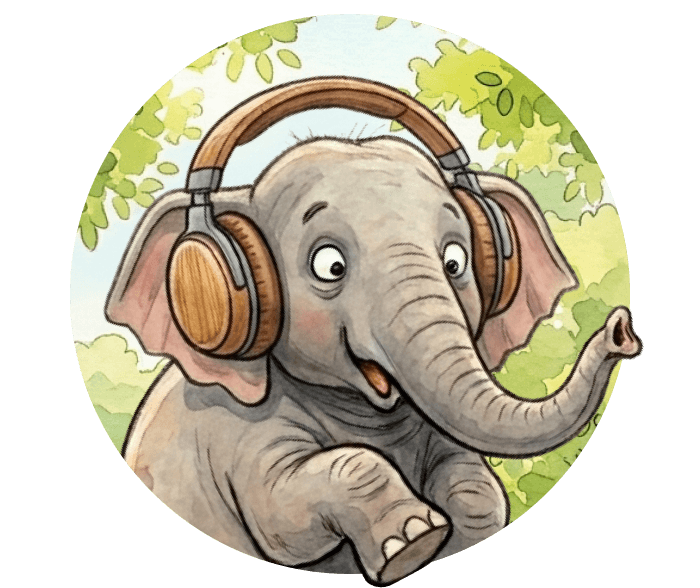 Watercolor illustration of a wide-eyed, startled-looking elephant wearing large wooden over-ear headphones, with one front foot raised as if dancing, against a backdrop of green leaves.