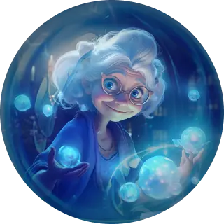Grandma surrounded by magical orbs